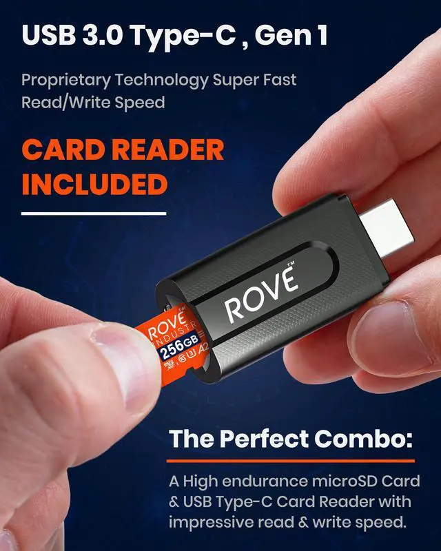 Alt view image 4 of 5 - ROVE Industrial 256GB Micro SD Card with USB 3.0 Type C Card Reader, High Endurance microSDXC Memory Card 100MB/s Read Speed, C10, U3, V30, 4K, A2 for Dash Cam, Android Smart Phones, Tablets, Games