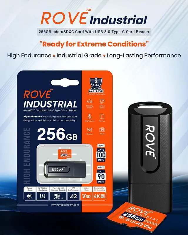 Alt view image 2 of 5 - ROVE Industrial 256GB Micro SD Card with USB 3.0 Type C Card Reader, High Endurance microSDXC Memory Card 100MB/s Read Speed, C10, U3, V30, 4K, A2 for Dash Cam, Android Smart Phones, Tablets, Games