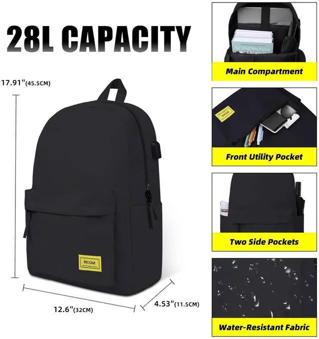 Alt view image 3 of 5 - RICOMI Premium Lightweight Laptop Backpack with USB Charging Port, Durable College School Bookbag, 2 Built-in Organizers, Padded 15.6-inch Laptop/Notebook Sleeve, Slim Water Resistant Bag, Black