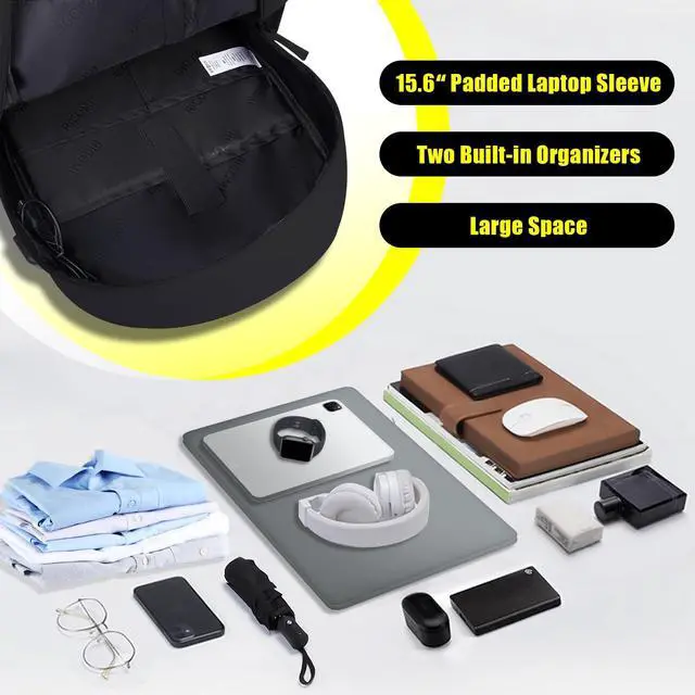 Alt view image 4 of 5 - RICOMI Premium Lightweight Laptop Backpack with USB Charging Port, Durable College School Bookbag, 2 Built-in Organizers, Padded 15.6-inch Laptop/Notebook Sleeve, Slim Water Resistant Bag, Black