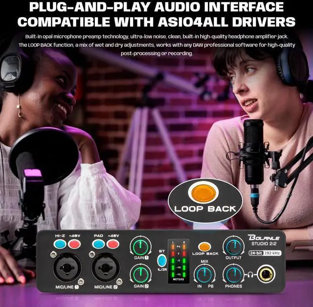 Alt view image 2 of 5 - Bolanle Studio 2i2 Audio Interface 24-bit/192kHz, 2 Channel Portable USB Recording Sound Card with Zero Latency Monitoring, ASIO Driver Support for Home Studio/Podcast/Streaming/DJ