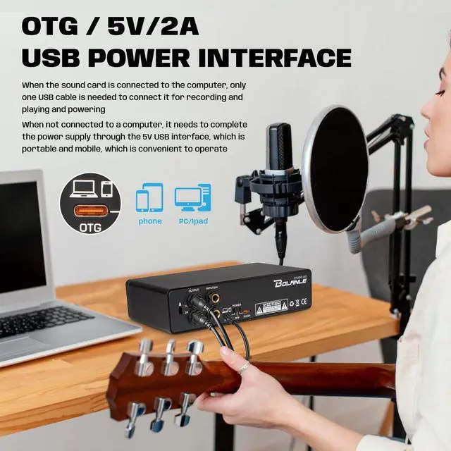 Alt view image 4 of 5 - Bolanle Studio 2i2 Audio Interface 24-bit/192kHz, 2 Channel Portable USB Recording Sound Card with Zero Latency Monitoring, ASIO Driver Support for Home Studio/Podcast/Streaming/DJ