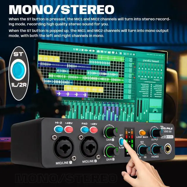 Alt view image 5 of 5 - Bolanle Studio 2i2 Audio Interface 24-bit/192kHz, 2 Channel Portable USB Recording Sound Card with Zero Latency Monitoring, ASIO Driver Support for Home Studio/Podcast/Streaming/DJ