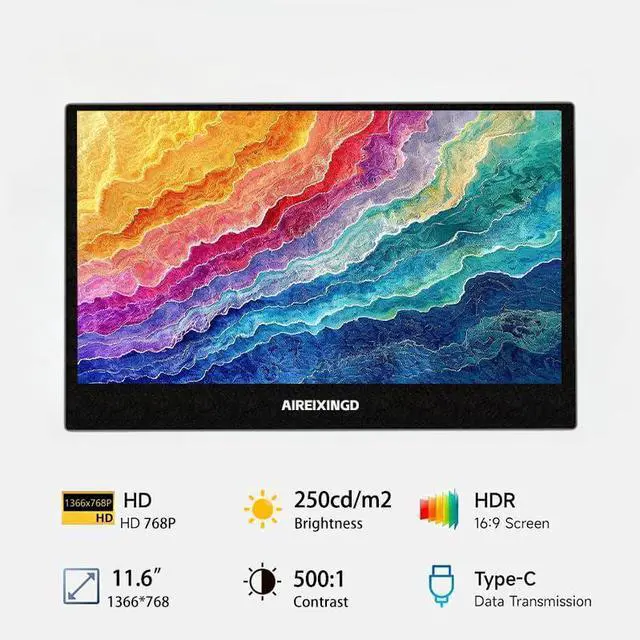 Alt view image 2 of 5 - AIREIXINGD Portable Monitor 11.6-inch 1366x768 TN LED Laptop Monitor USB HDMI Type-C Computer Monitor HDR for PC Mac Phone Xbox Switch PS4 PS5,Built-in Stand,Built-in Speaker