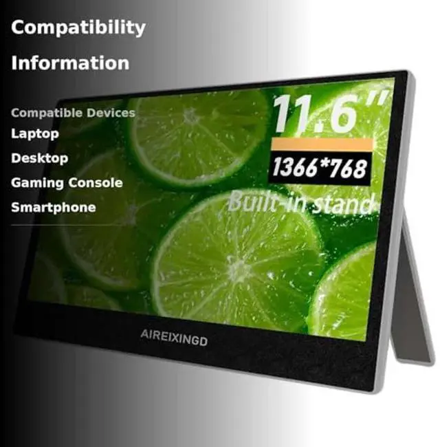 Alt view image 3 of 5 - AIREIXINGD Portable Monitor 11.6-inch 1366x768 TN LED Laptop Monitor USB HDMI Type-C Computer Monitor HDR for PC Mac Phone Xbox Switch PS4 PS5,Built-in Stand,Built-in Speaker