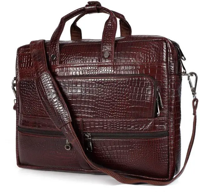 Main image of Leder Luxus Crocodile Embossed Leather Briefcases for Men, Laptop Briefcase For Men, Leather Bag, Satchel Shoulder Bag, 5 Zipper Pockets with 2 Spacious Compartments.,12 x 16 x 4 inches. (Dark Brown)