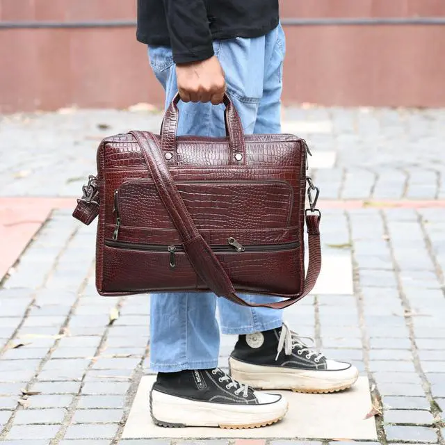 Alt view image 2 of 5 - Leder Luxus Crocodile Embossed Leather Briefcases for Men, Laptop Briefcase For Men, Leather Bag, Satchel Shoulder Bag, 5 Zipper Pockets with 2 Spacious Compartments.,12 x 16 x 4 inches. (Dark Brown)