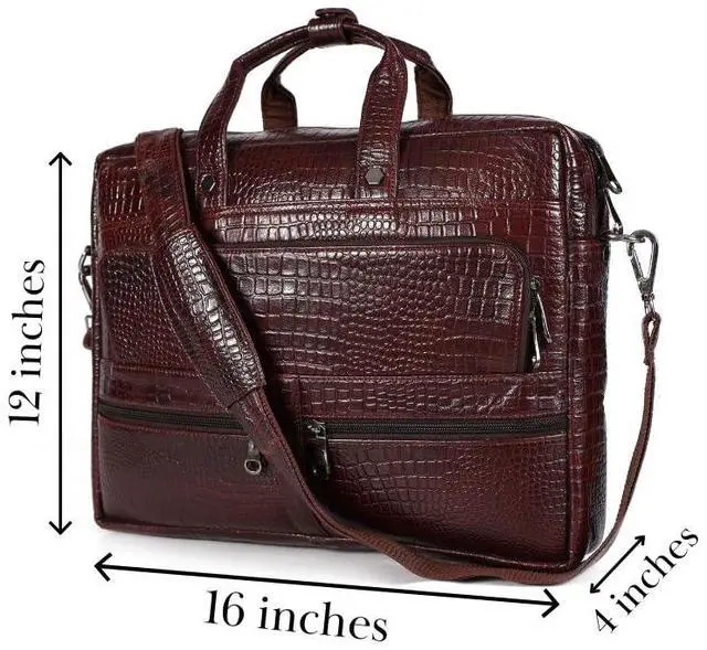 Alt view image 4 of 5 - Leder Luxus Crocodile Embossed Leather Briefcases for Men, Laptop Briefcase For Men, Leather Bag, Satchel Shoulder Bag, 5 Zipper Pockets with 2 Spacious Compartments.,12 x 16 x 4 inches. (Dark Brown)