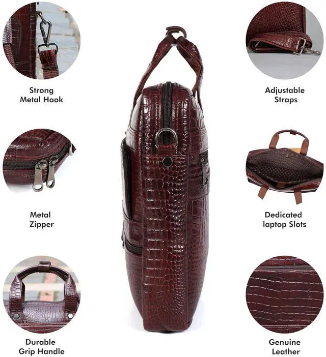 Alt view image 3 of 5 - Leder Luxus Crocodile Embossed Leather Briefcases for Men, Laptop Briefcase For Men, Leather Bag, Satchel Shoulder Bag, 5 Zipper Pockets with 2 Spacious Compartments.,12 x 16 x 4 inches. (Dark Brown)