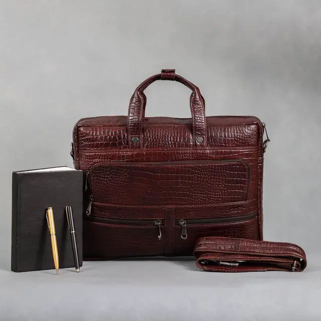 Alt view image 5 of 5 - Leder Luxus Crocodile Embossed Leather Briefcases for Men, Laptop Briefcase For Men, Leather Bag, Satchel Shoulder Bag, 5 Zipper Pockets with 2 Spacious Compartments.,12 x 16 x 4 inches. (Dark Brown)