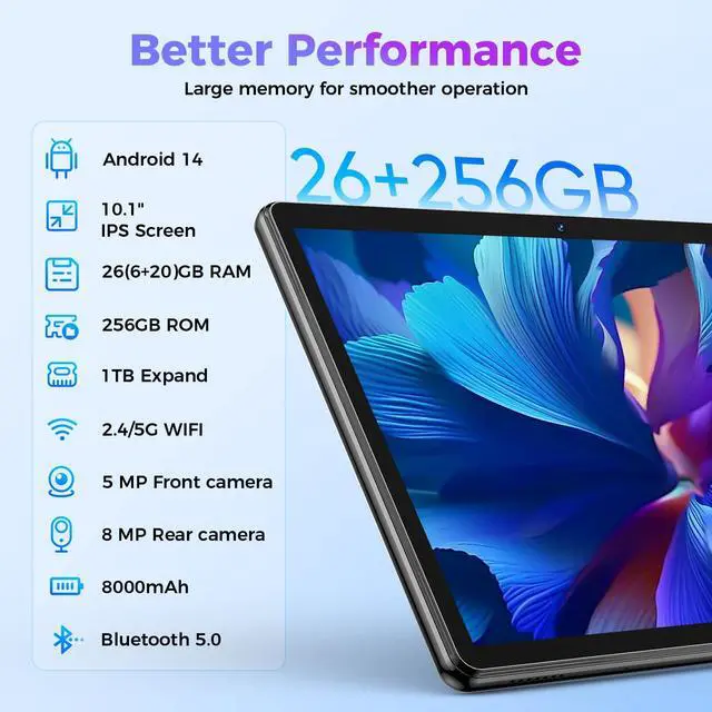 Alt view image 2 of 5 - Android Tablet with Keyboard, 26GB RAM, 256GB ROM(1TB Expand), 10.1 inch Android 14 Tablet, 8000mAh Battery, BT 5.0, GMS Certified, 2.4G&5G WiFi, 2 in 1 Tablets with Mouse, Case, Stylus(Pink Case)