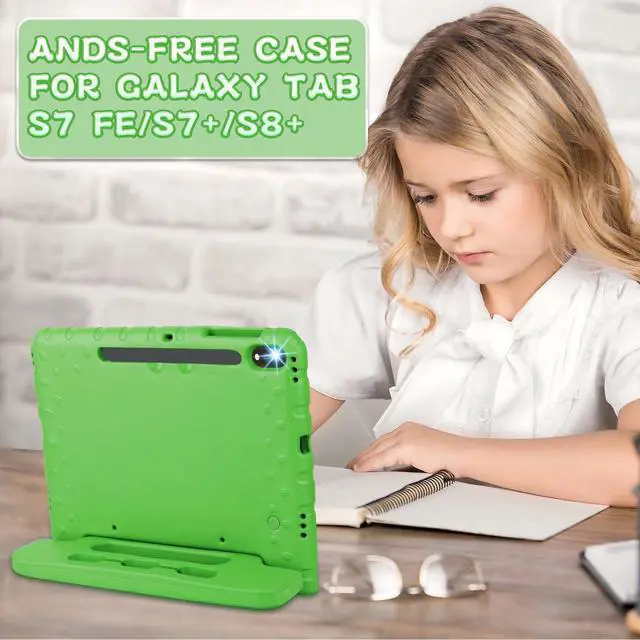 Alt view image 3 of 5 - New Kids Case for Samsung Galaxy Tab S7 FE/S7 Plus/S8 Plus with S-Pen Holder and Anti-Slip Handle 12.4 inch Super Protection Cover for 2022 Tab S8+ 2021 Tab S7 FE 2020 S7+ Green