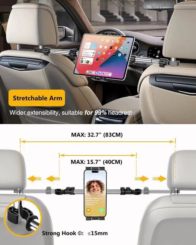 Alt view image 3 of 5 - YOOZ Car Headrest Tablet Mount, Car Backseat Tablet Holder for Kids - Adjustable 360 Rotation Between Seats Stand for 4-12.9" Devices, iPad Pro Air Mini, Galaxy Tabs, Fire, iPhone Series