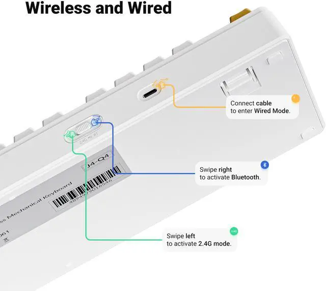 Alt view image 4 of 4 - JamesDonkey J4 Wireless Mechanical Keyboard - 80% Layout Super Red Switch, QMK RGB Backlit, 2.4G/Bluetooth/USB-C, Cherry PBT Shine-Through Keycaps, 3750mAh Battery, Mac/Win/Linux Compatible - White