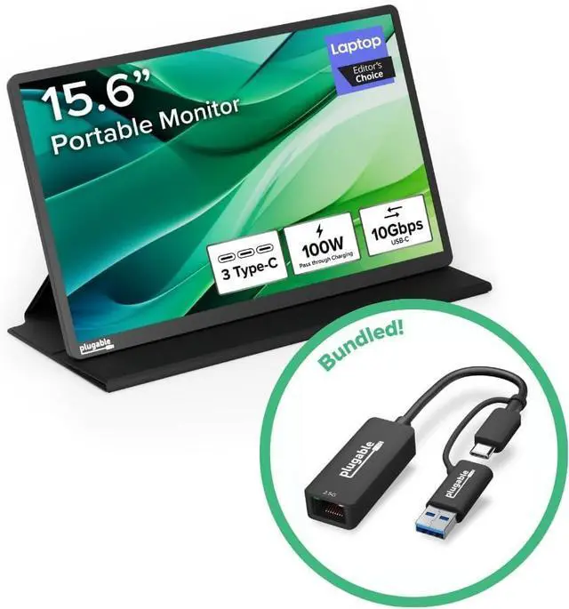 Main image of Plugable USB C Portable Laptop Monitor and 2-in-1 USB 2.5GB Ethernet Adapter Bundle: 15.6 Monitor with 100W Charging, 3X USB-C 10Gbps, Case/Stand, and 2.5Gbps USB-C to Ethernet Adapter with 100W PD