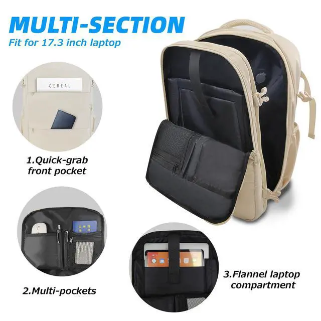 Alt view image 4 of 5 - Lovvento Air Vacuum Compression Travel Backpack: Expandable Beige Carry On Bag Vacuum with Pump Fits 17.3 inch Laptop for Women & Men - Suitable for Business, Camping and Work Water-resistant