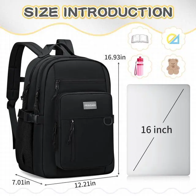 Alt view image 2 of 5 - PRAGARI Kids Backpack for School Cute Aesthetic Black Backpack Girls Student Bookbag Women Travel Lightweight Book Bag
