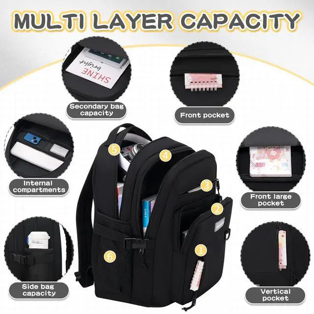 Alt view image 3 of 5 - PRAGARI Kids Backpack for School Cute Aesthetic Black Backpack Girls Student Bookbag Women Travel Lightweight Book Bag