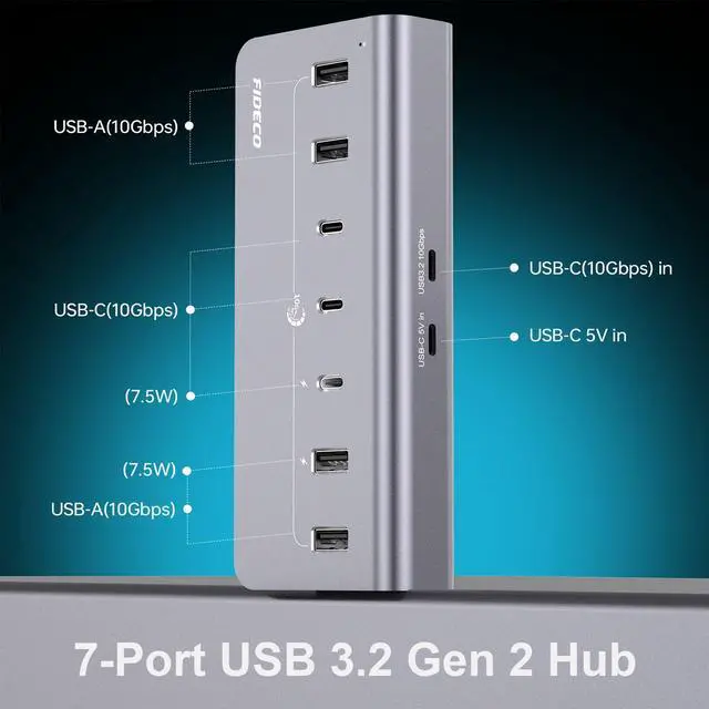 Alt view image 2 of 5 - FIDECO Powered USB Hub, 7 Port 10Gbps Fast Data Hub for iPhone 16/15 and Laptop, Full Aluminum USB Splitter with 5V 3A Power Adapter, 4 USB A and 3 USB C Ports, Support BC1.2 Charging, Grey