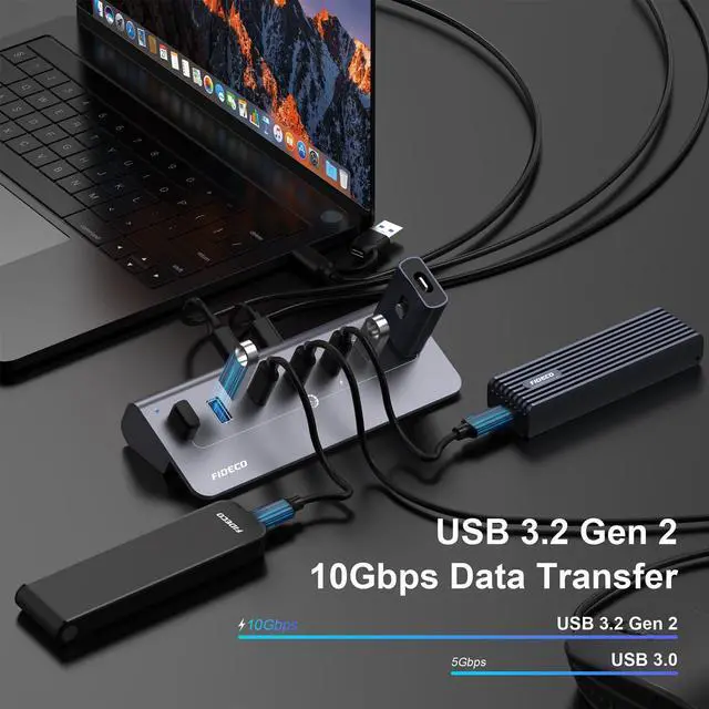 Alt view image 3 of 5 - FIDECO Powered USB Hub, 7 Port 10Gbps Fast Data Hub for iPhone 16/15 and Laptop, Full Aluminum USB Splitter with 5V 3A Power Adapter, 4 USB A and 3 USB C Ports, Support BC1.2 Charging, Grey