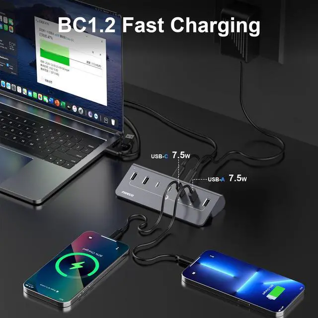 Alt view image 4 of 5 - FIDECO Powered USB Hub, 7 Port 10Gbps Fast Data Hub for iPhone 16/15 and Laptop, Full Aluminum USB Splitter with 5V 3A Power Adapter, 4 USB A and 3 USB C Ports, Support BC1.2 Charging, Grey
