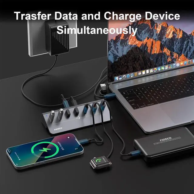 Alt view image 5 of 5 - FIDECO Powered USB Hub, 7 Port 10Gbps Fast Data Hub for iPhone 16/15 and Laptop, Full Aluminum USB Splitter with 5V 3A Power Adapter, 4 USB A and 3 USB C Ports, Support BC1.2 Charging, Grey