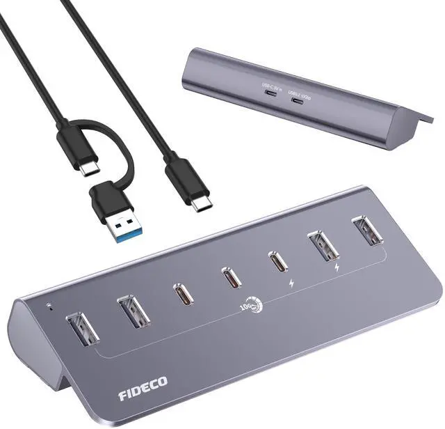 Main image of FIDECO Powered USB Hub, 7 Port 10Gbps Fast Data Hub for iPhone 16/15 and Laptop, Full Aluminum USB Splitter with 5V 3A Power Adapter, 4 USB A and 3 USB C Ports, Support BC1.2 Charging, Grey