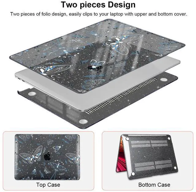 Alt view image 4 of 5 - LCMOCICO for MacBook Air 13 inch Case 2021 2020 2019 2018 Release M1 A2337 A2179 A1932, Glitter Black Pritned Pattern Hard Case Cover for Mac Air 13 M1 Retina Display with Touch ID, Butterfly Sky