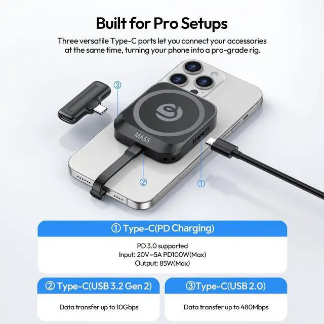 Alt view image 3 of 5 - Ulanzi MA55 Magnetic SSD Enclosure M.2 NVMe with Magsafe, USB 3.2 Gen 2 Type-C (10 Gbps), Aluminum Key Solid State Drive Case External Enclosure for SSDs 2230/2242, iPhone 15 16 17 Series