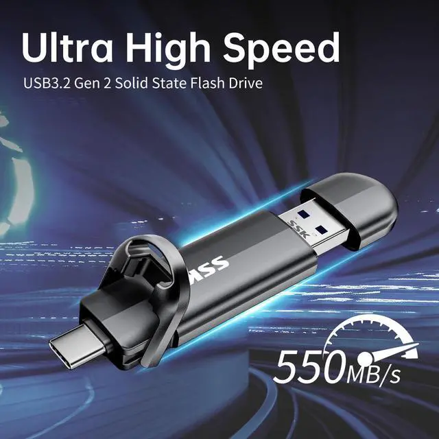 Alt view image 2 of 5 - SSK USB Flash Drive 2tb,External Solid State Drive,Portable SSD Thumb Drive 550MB/s,2 in 1 Dual USB-C Stick Type-C + USBA 3.2 Gen 2 Memory Stick for iPhone 15/16/PS4/Android Phone/Tablet/Windows/Mac