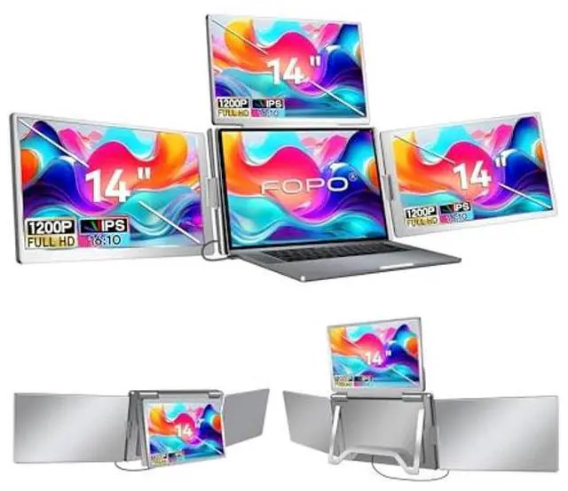 Main image of FOPO 14" Laptop Screen Extender, FHD 1080P IPS Monitor Extender, Just 1 Cable for 3 Screens Quad Monitor, Triple Extender for 12"-17.3" Laptops, Compatible with Windows 10/11 and Mac M1/M2/M3