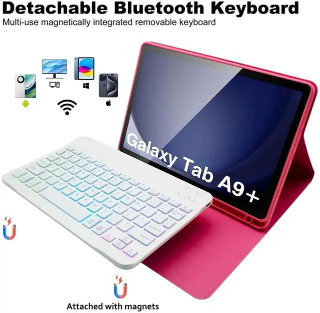 Alt view image 3 of 5 - GYSDCAZ Keyboard Case for Samsung Galaxy Tab A9 Plus 11 Inch (SM-X210/X216/X218),7 Color Backlight Keyboard with Dual Mode Wireless Mouse (Red)