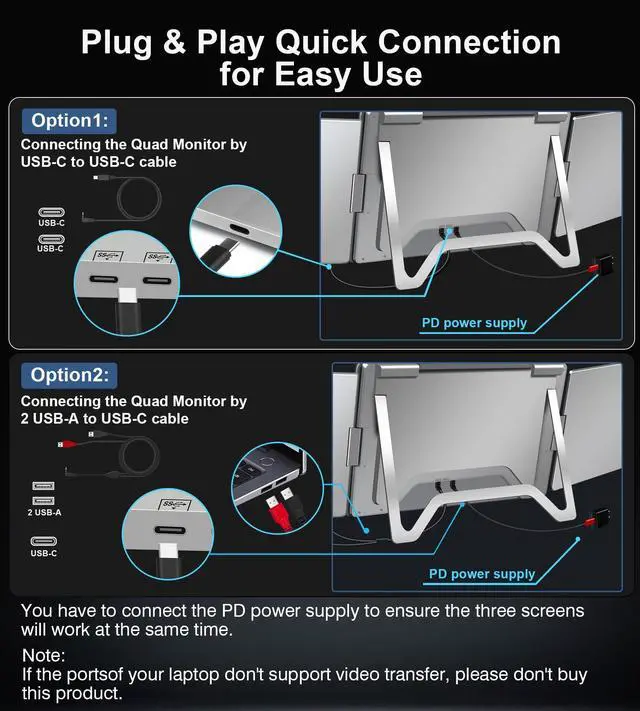 Alt view image 3 of 5 - FOPO 14" Laptop Screen Extender, FHD 1080P IPS Monitor Extender, Just 1 Cable for 3 Screens Quad Monitor, Triple Extender for 12"-17.3" Laptops, Compatible with Windows 10/11 and Mac M1/M2/M3
