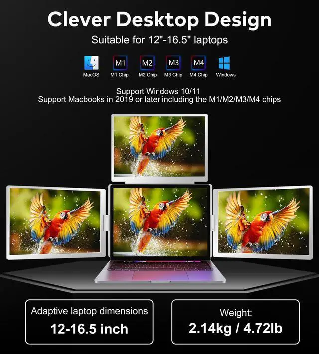 Alt view image 5 of 5 - FOPO 14" Laptop Screen Extender, FHD 1080P IPS Monitor Extender, Just 1 Cable for 3 Screens Quad Monitor, Triple Extender for 12"-17.3" Laptops, Compatible with Windows 10/11 and Mac M1/M2/M3