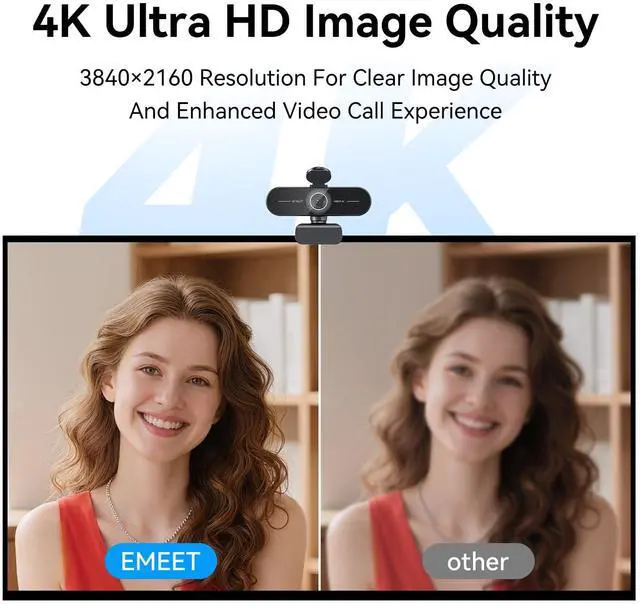 Alt view image 2 of 5 - EMEET C60E 4K Webcam for PC - Ultra 4K HD, PDAF Autofocus, Dual Noise-Cancelling Mics, 73° FOV, Auto Light Correction, USB Plug&Play, Privacy Cover, Ideal for High-End Business Meetings&Live Streaming