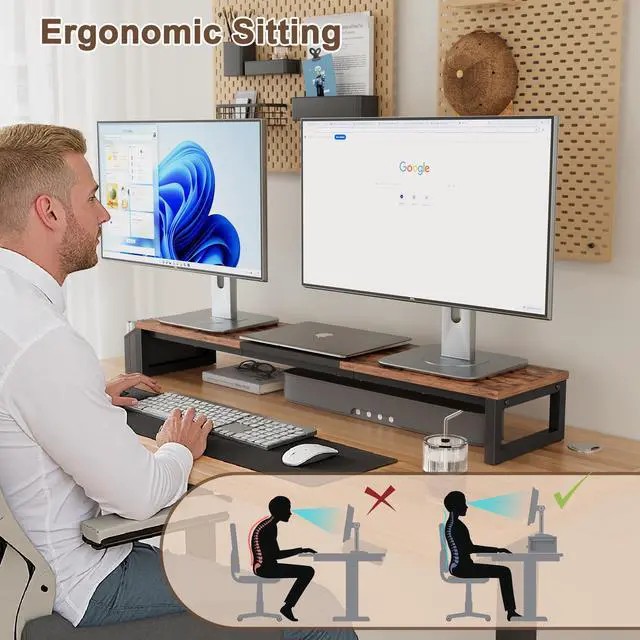 Alt view image 2 of 5 - LAND·VOI Dual Monitor Stand Riser,41.5'' Long Monitor Stand for 2 Monitors, Wood Computer Riser with Pocket, Desktop Oraganizer with Pen Holder, Monitor Riser for Desk Computer,Laptop,TV, Rustic Brown