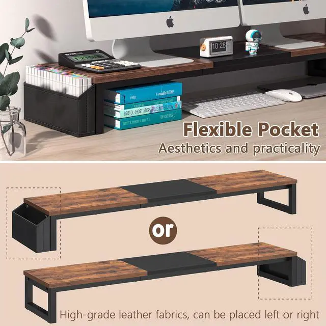 Alt view image 5 of 5 - LAND·VOI Dual Monitor Stand Riser,41.5'' Long Monitor Stand for 2 Monitors, Wood Computer Riser with Pocket, Desktop Oraganizer with Pen Holder, Monitor Riser for Desk Computer,Laptop,TV, Rustic Brown