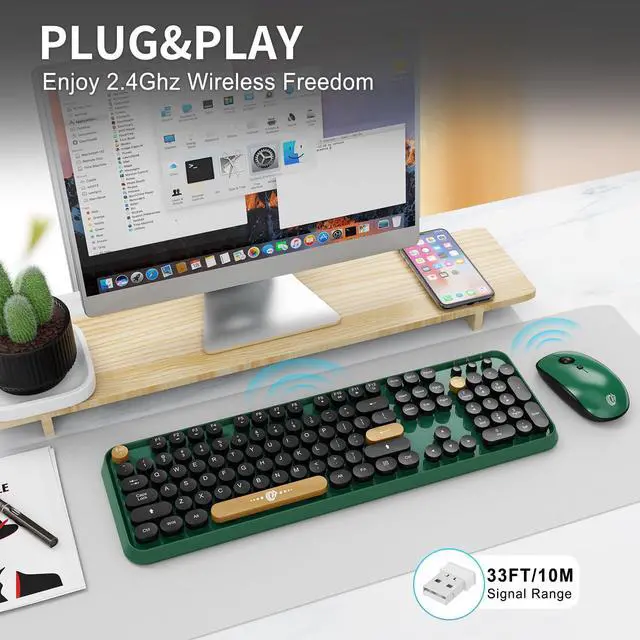 Alt view image 3 of 5 - Wireless Keyboard and Mouse Combo - Cute Colorful Keyboard and Mouse, Retro Typewriter Keyboard with 2.4GHz Plug & Play, for Windows 11/10/7, Laptop, PC (Dark Green)