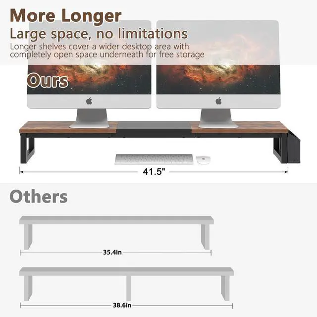 Alt view image 3 of 5 - LAND·VOI Dual Monitor Stand Riser,41.5'' Long Monitor Stand for 2 Monitors, Wood Computer Riser with Pocket, Desktop Oraganizer with Pen Holder, Monitor Riser for Desk Computer,Laptop,TV, Rustic Brown