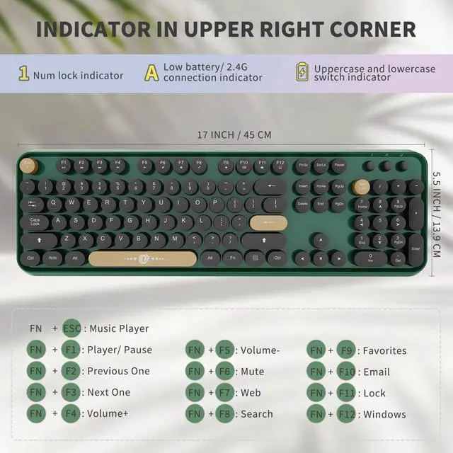 Alt view image 2 of 5 - Wireless Keyboard and Mouse Combo - Cute Colorful Keyboard and Mouse, Retro Typewriter Keyboard with 2.4GHz Plug & Play, for Windows 11/10/7, Laptop, PC (Dark Green)