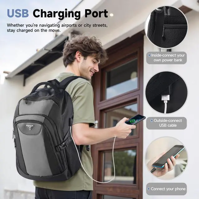 Alt view image 2 of 5 - Laptop Travel Backpack with USB Charging Port, Anti-Theft Travel Business Backpack Fits 17 Inch Notebook, 30L Water-Resistant Work Computer Backpack, College School Bookbag for Men Women, Grey/Black