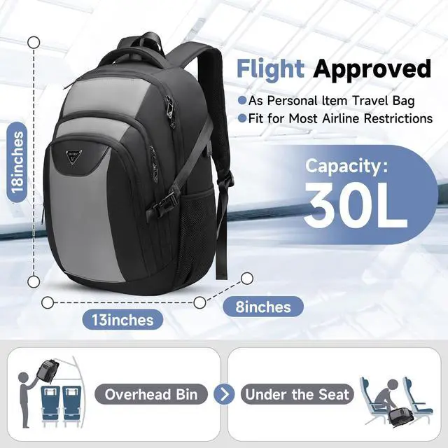 Alt view image 4 of 5 - Laptop Travel Backpack with USB Charging Port, Anti-Theft Travel Business Backpack Fits 17 Inch Notebook, 30L Water-Resistant Work Computer Backpack, College School Bookbag for Men Women, Grey/Black