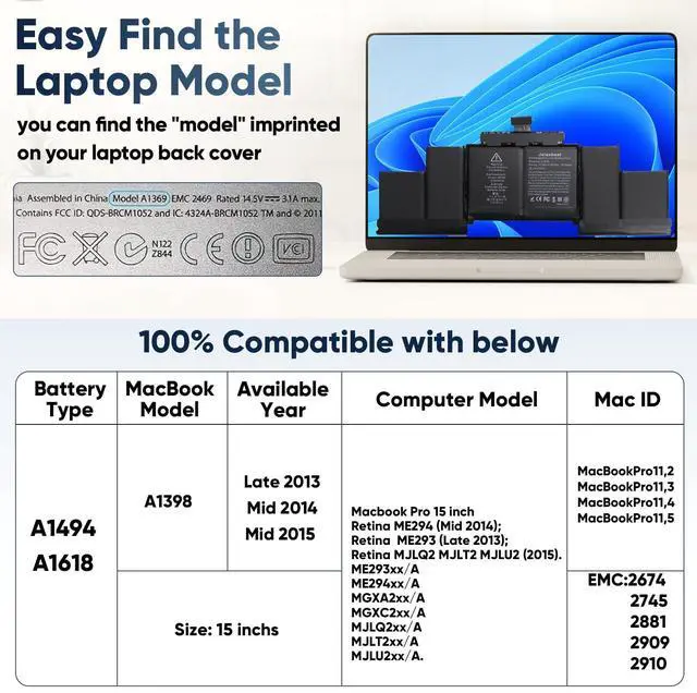 Alt view image 2 of 5 - Jalaxbeat A1398 A1618 Battery Replacement for Apple MacBook Pro 15 inch Retina A1398 Mid 2015 - Long Lasting [99.5Wh 11.26V 8800mAh]