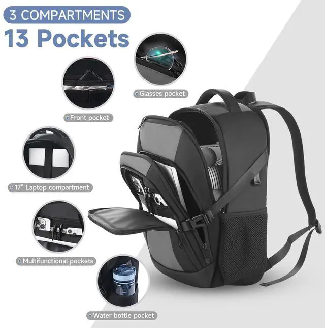 Alt view image 3 of 5 - Laptop Travel Backpack with USB Charging Port, Anti-Theft Travel Business Backpack Fits 17 Inch Notebook, 30L Water-Resistant Work Computer Backpack, College School Bookbag for Men Women, Grey/Black