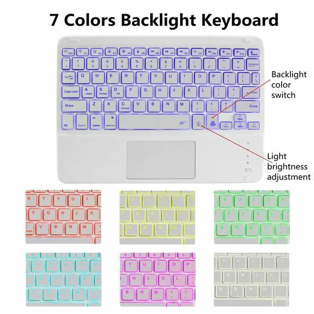 Alt view image 3 of 5 - Wireless Backlit Bluetooth Keyboard with Touchpad,10 inch Ultra Slim 7Colors Backlit Portable Rechargeable Keyboard with Trackpad for IPad/IPad Pro iOS Android Tablets Windows Laptop PC(White)