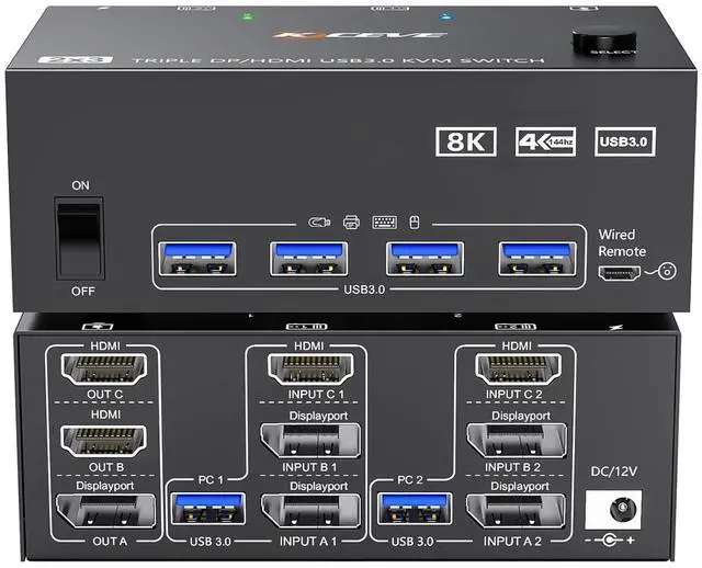 Main image of HDMI Displayport KVM Switch 3 Monitors 2 Computers 8K@60Hz/4K@144Hz, USB3.0 KVM Switches for 2 PC Sharing Triple Monitor and Keyboard Mouse with Power Adapter,Wired Extend Controller and USB3.0 Cables