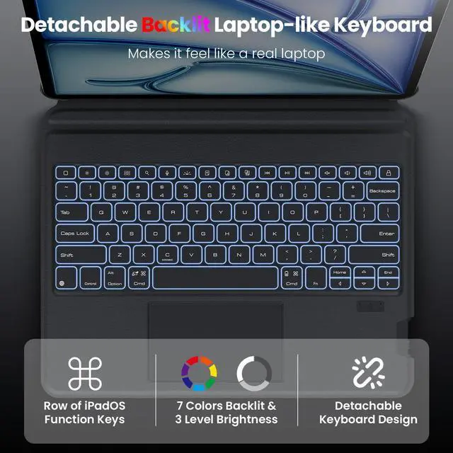 Alt view image 3 of 5 - Nillkin iPad Air 13 inch (M3 2025/M2 2024) Case with Detachable Keyboard, iPad Pro 13 inch (M4,2024), Adhesive Cover with Keyboard, Trackpad, 7-Color Backlit, Magnetic Backplate with iPad Wall Mount