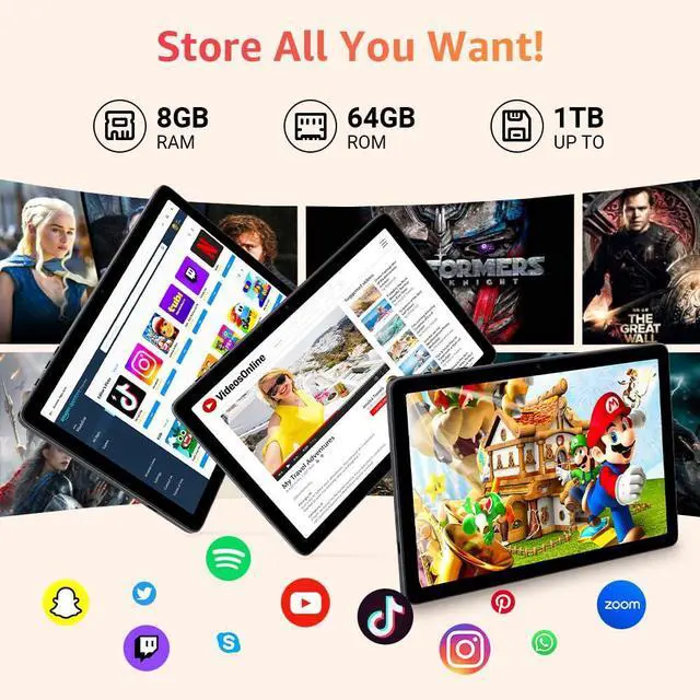 Alt view image 4 of 5 - Tablet 10.1 inch, Android 14 Tablets with Octa-core Processor, 8GB + 64GB Storage Up to 1TB Expandable, HD IPS Screen, Long Battery Life, WiFi6, Fast & Portable Tablet for Work & Entertainment