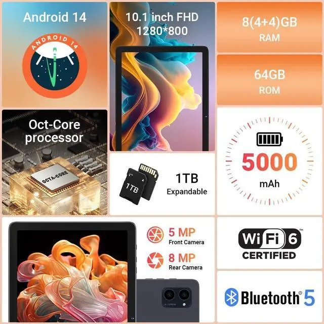 Alt view image 3 of 5 - Tablet 10.1 inch, Android 14 Tablets with Octa-core Processor, 8GB + 64GB Storage Up to 1TB Expandable, HD IPS Screen, Long Battery Life, WiFi6, Fast & Portable Tablet for Work & Entertainment