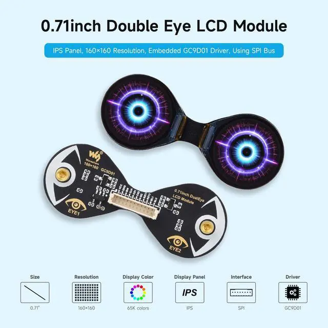 Alt view image 3 of 5 - Waveshare 0.71inch Double Eye Round LCD Display Module, Compatible with Controller ESP32 Boards, 160×160 Resolution, SPI Interface, 65K Colors, IPS Panel, Embedded GC9D01 Driver